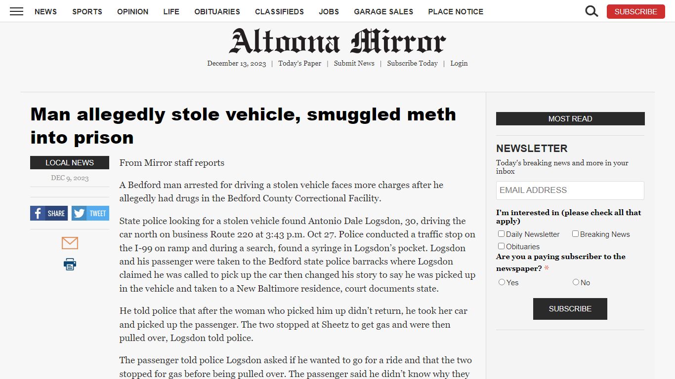 Man allegedly stole vehicle, smuggled meth into prison